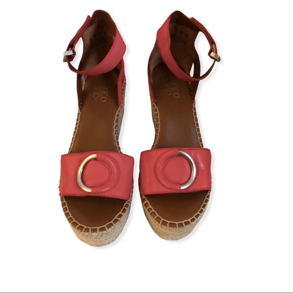 👡 Coral Red Leather Espadrilles Wedge Heels Silver Accents FRANCO SARTO - Picture 7 of 16